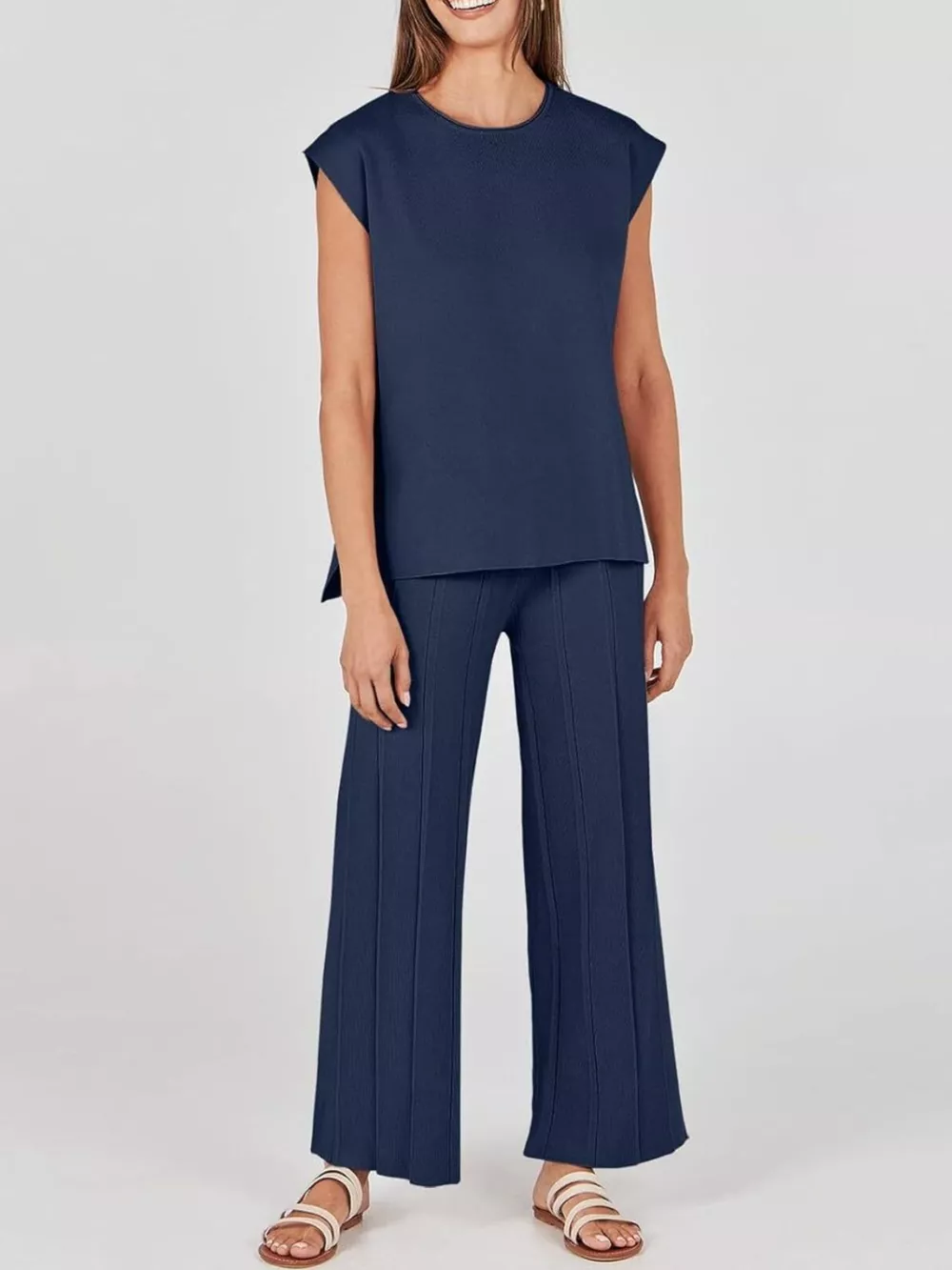 Casual Solid Color Cap Sleeve Top and Pants Knit Set, image 11