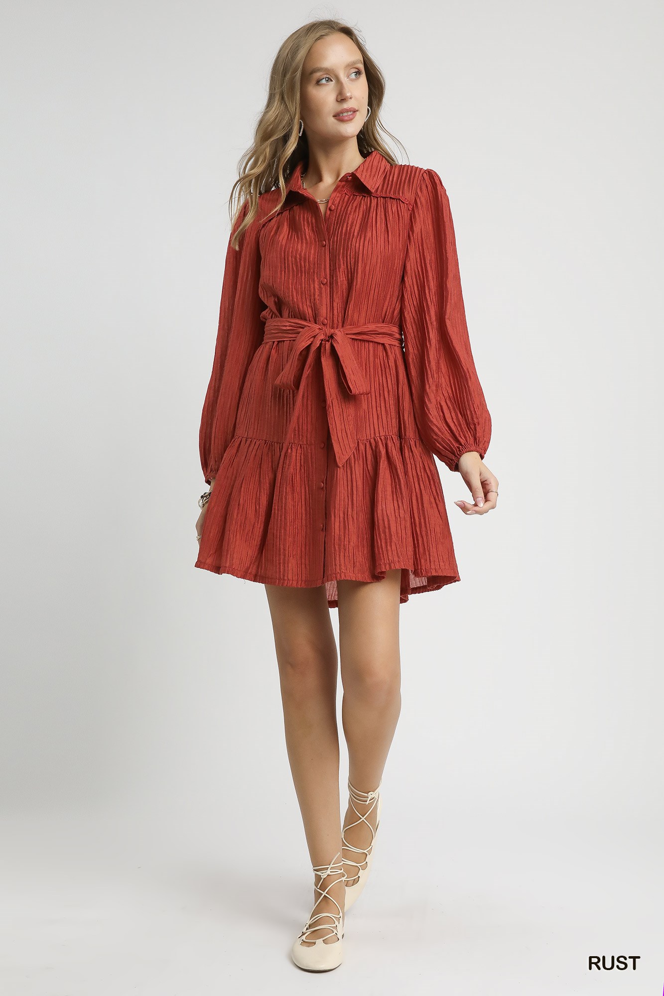 Crinkle Button-Front Tiered Mini Dress with Waist Tie, image 5