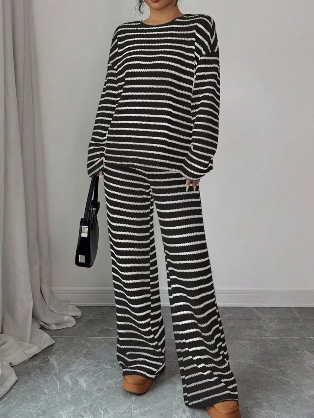 Striped Knit Dropped Shoulder Top and Pants Set, image 6