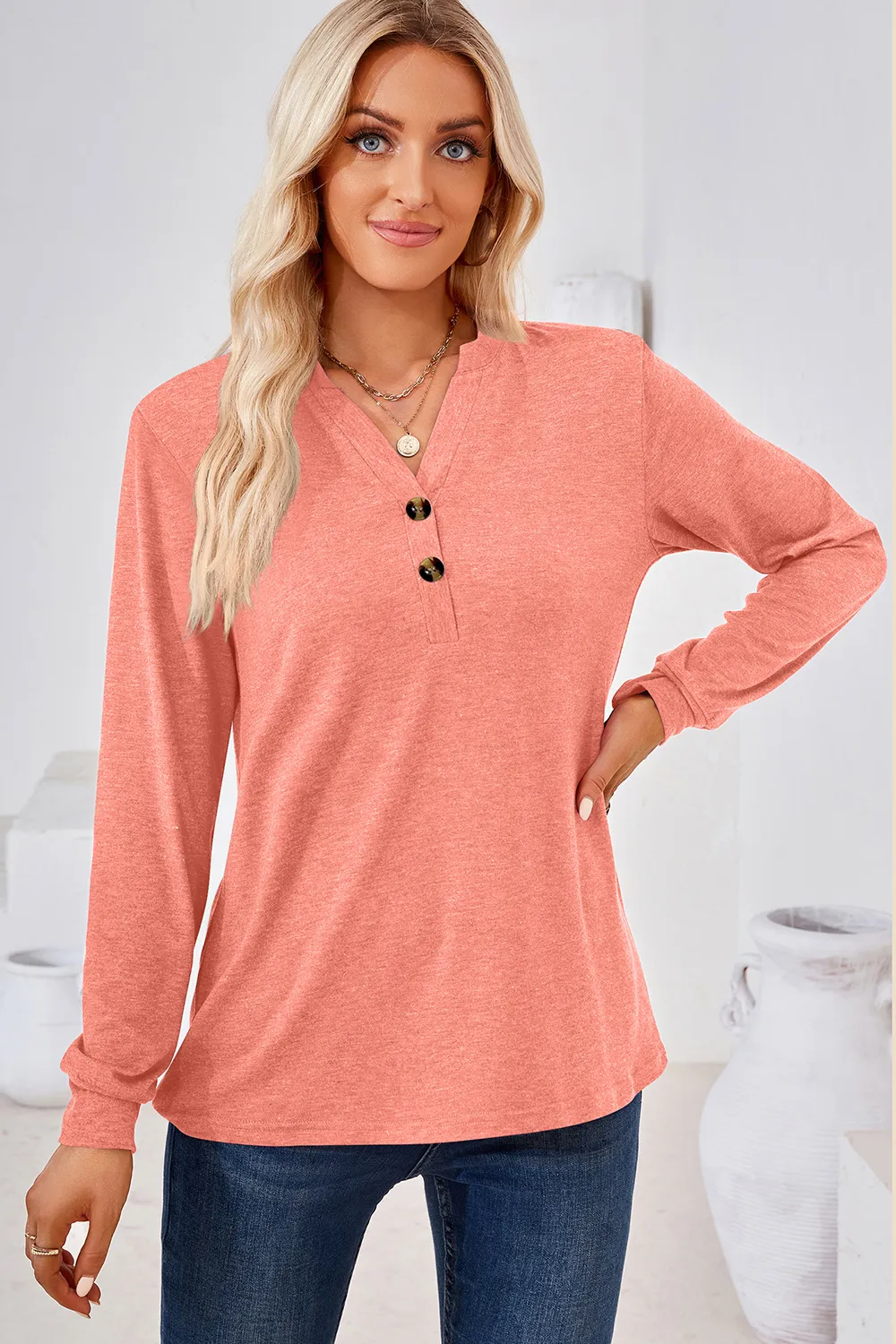 Notched Button Detail Long Sleeve T-Shirt, image 10