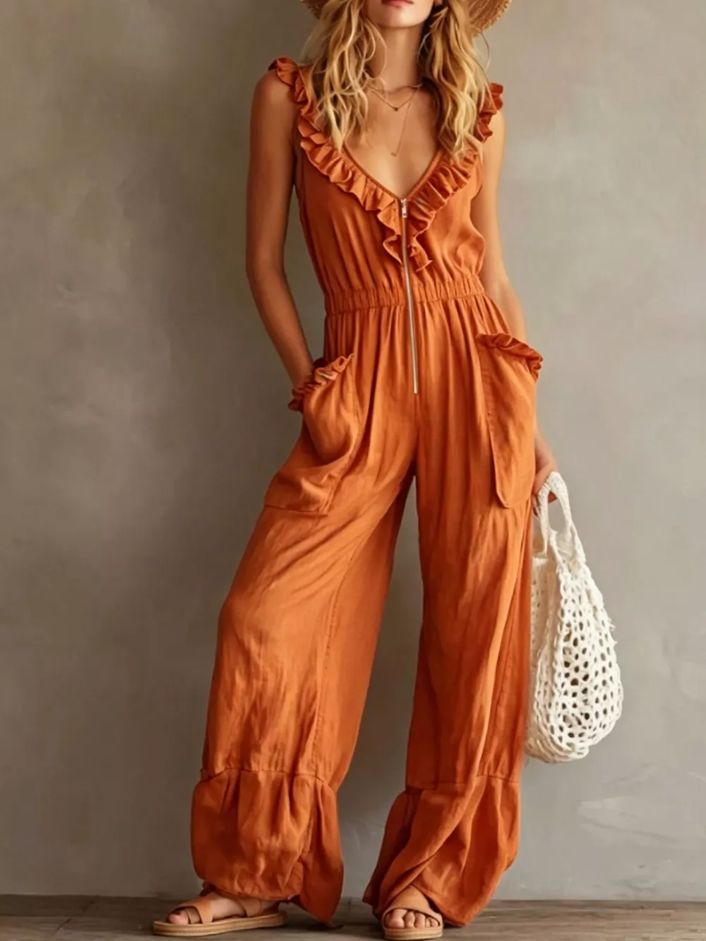 Ruffled V-Neck Wide Leg Jumpsuit, image 17