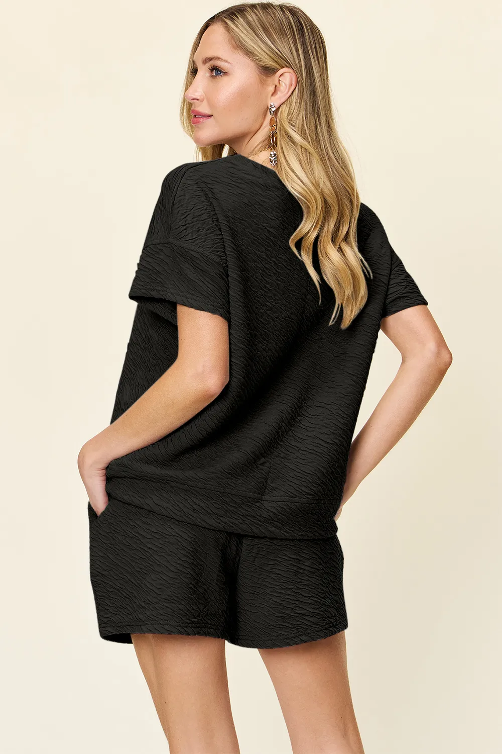 Full Size Texture Short Sleeve T-Shirt and Drawstring Shorts Set, image 26