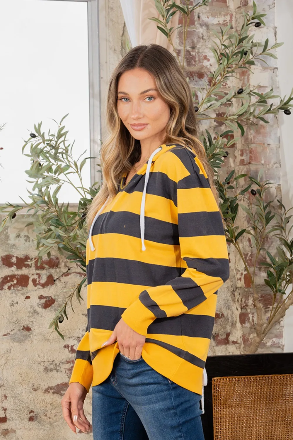 Full Size Drawstring Striped Long Sleeve Hoodie, image 4