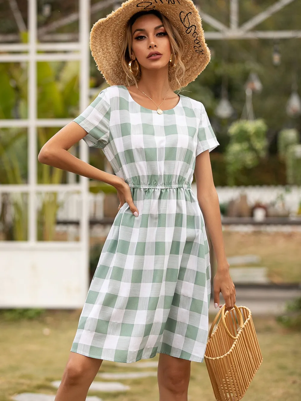 Smocked Plaid Round Neck Short Sleeve Dress, image 2