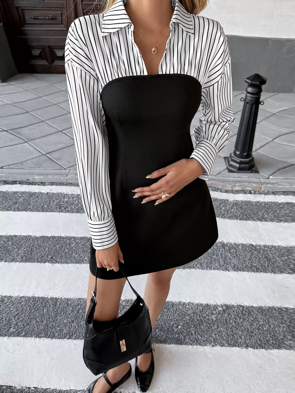 Striped Shirt Panel Bodycon Mini Dress, image 5