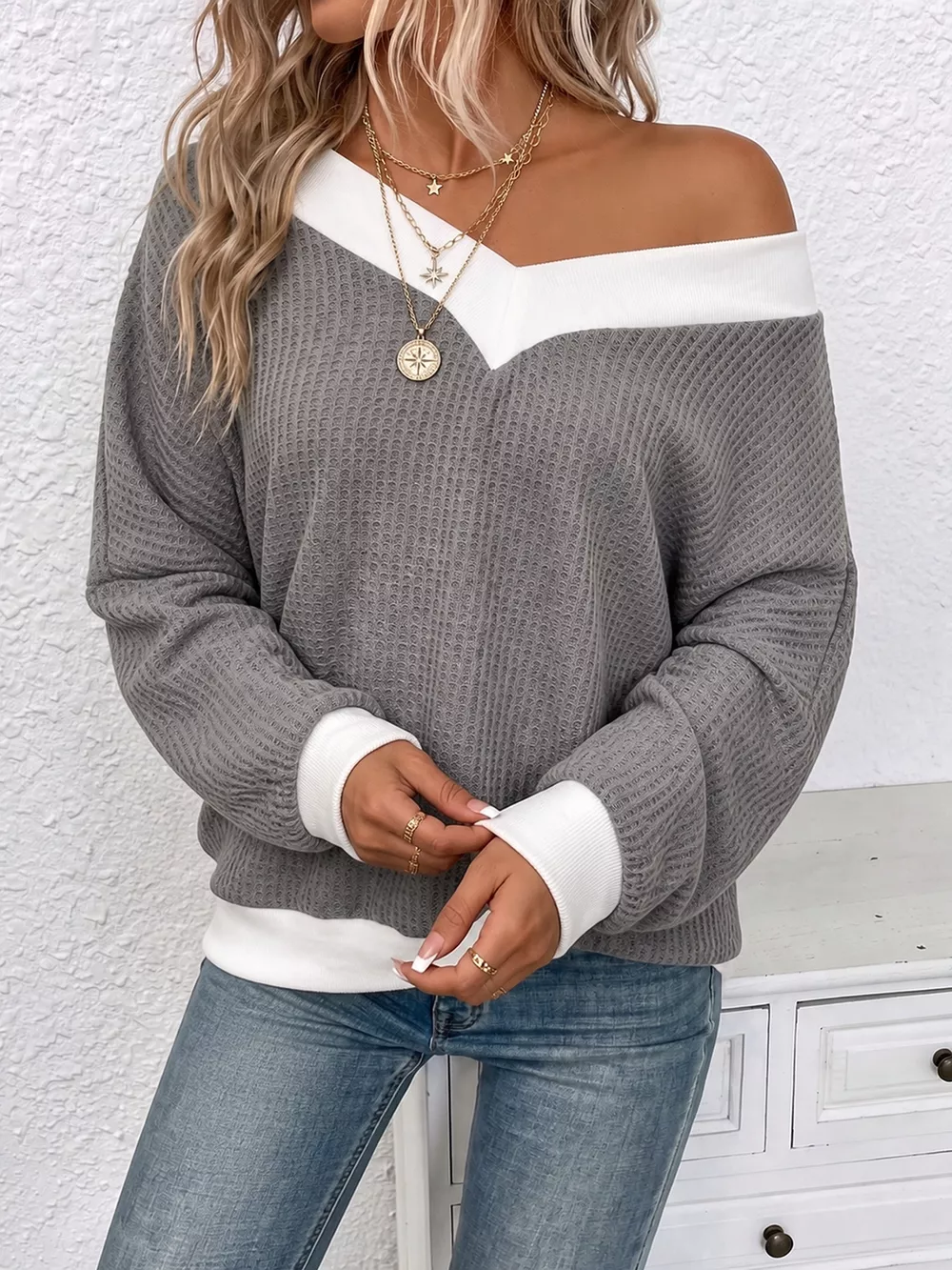 Textured Contrast Trim V-Neck Knit Top, image 2