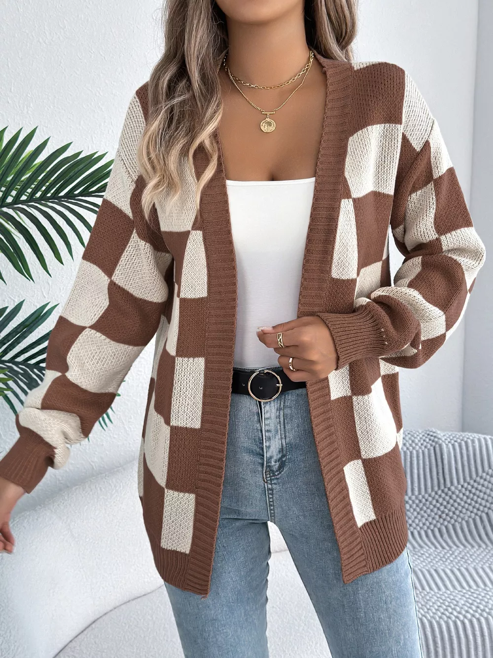 Checkered Pattern Open Front Cardigan, image 12