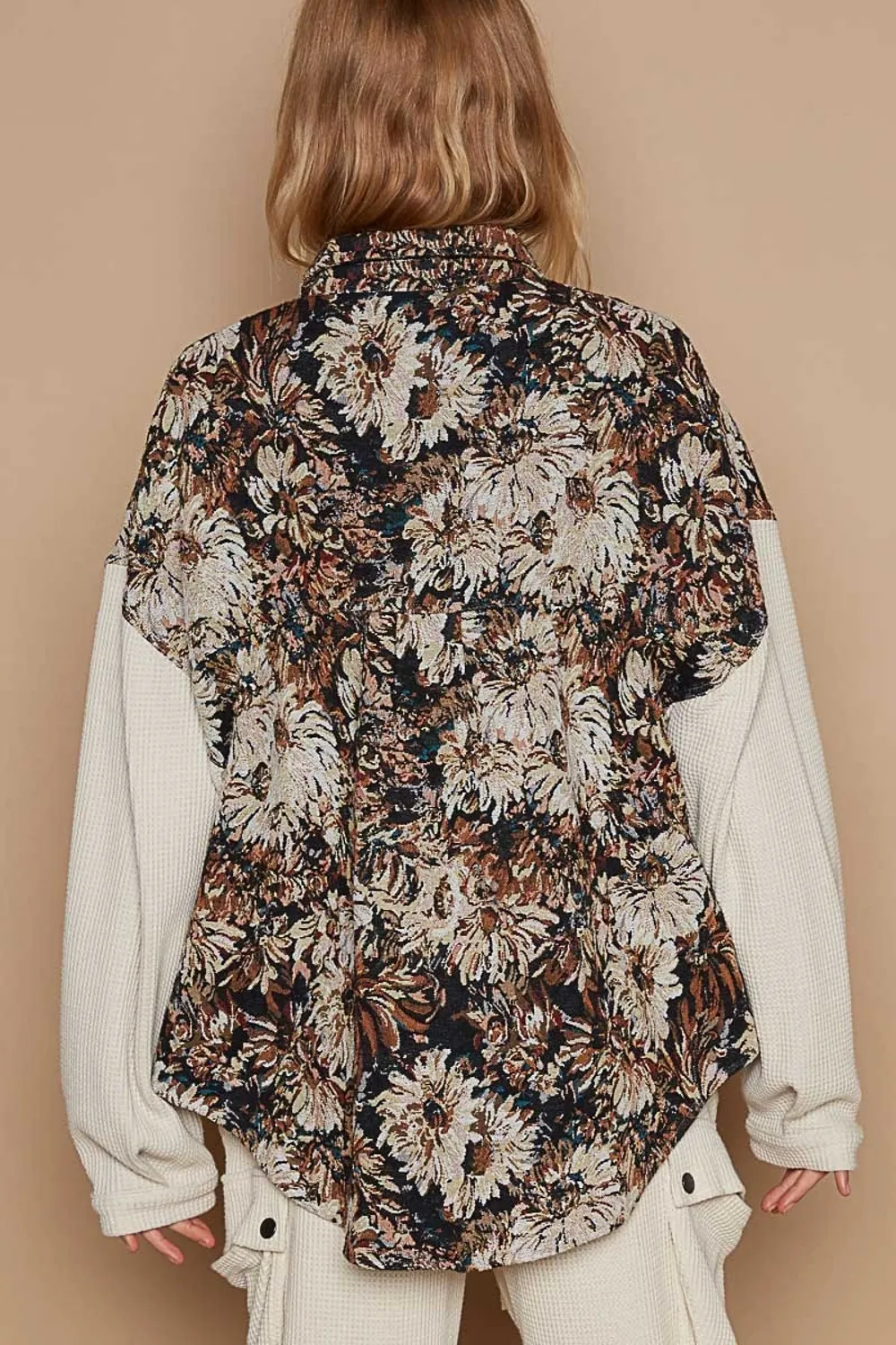 Contrast Sleeves Button Down Floral Jacquard Shirt, image 2