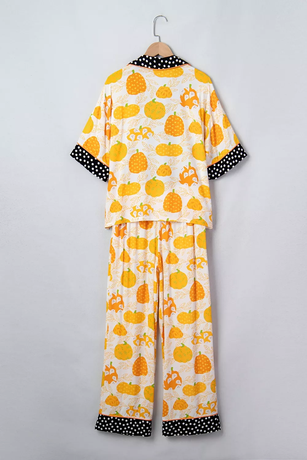 Short Sleeve Pumpkin Print Polka Dot Trim Pocket Placket Lounge Set, image 7