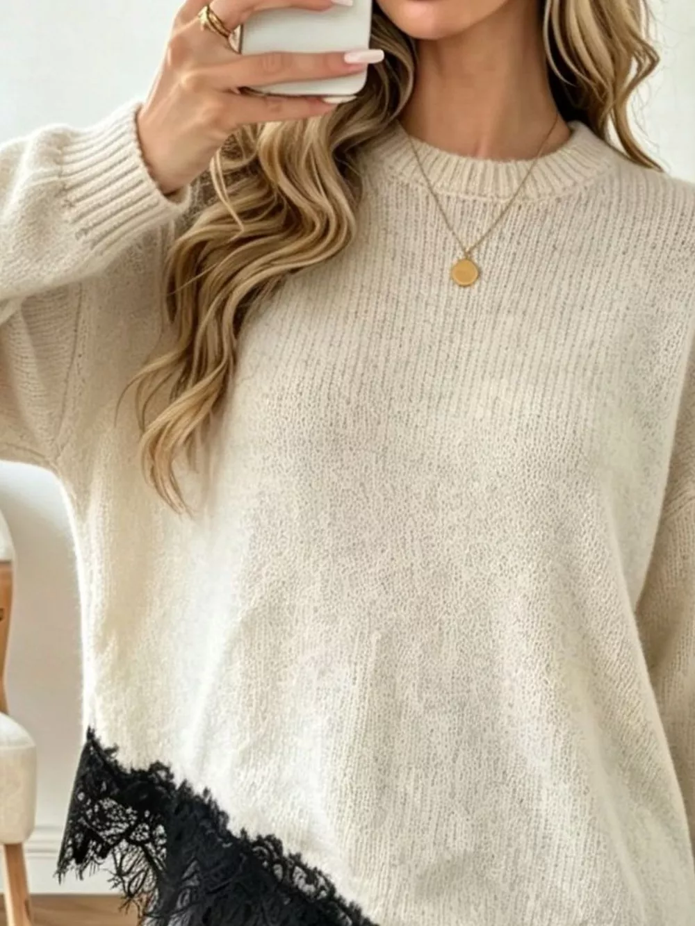 Round Neck Sweater with Asymmetric Lace Hem, image 5
