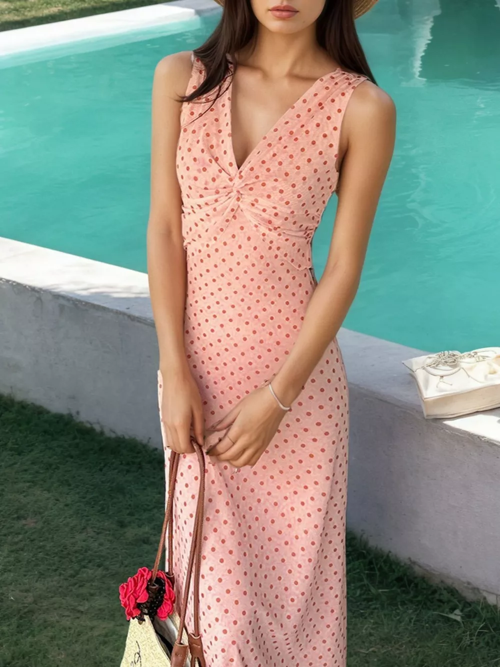 Polka Dot Twist-Front Sleeveless Maxi Dress, image 3