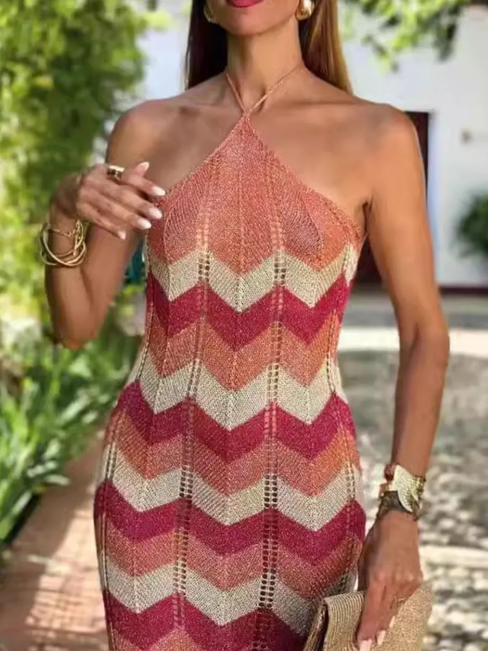 Chevron Pattern Halter Neck Sweater Dress, image 3
