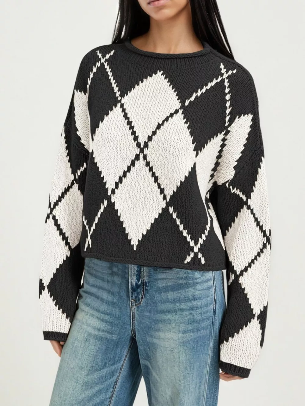 Argyle Pattern Knit Dropped Shoulder Sweater, image 6