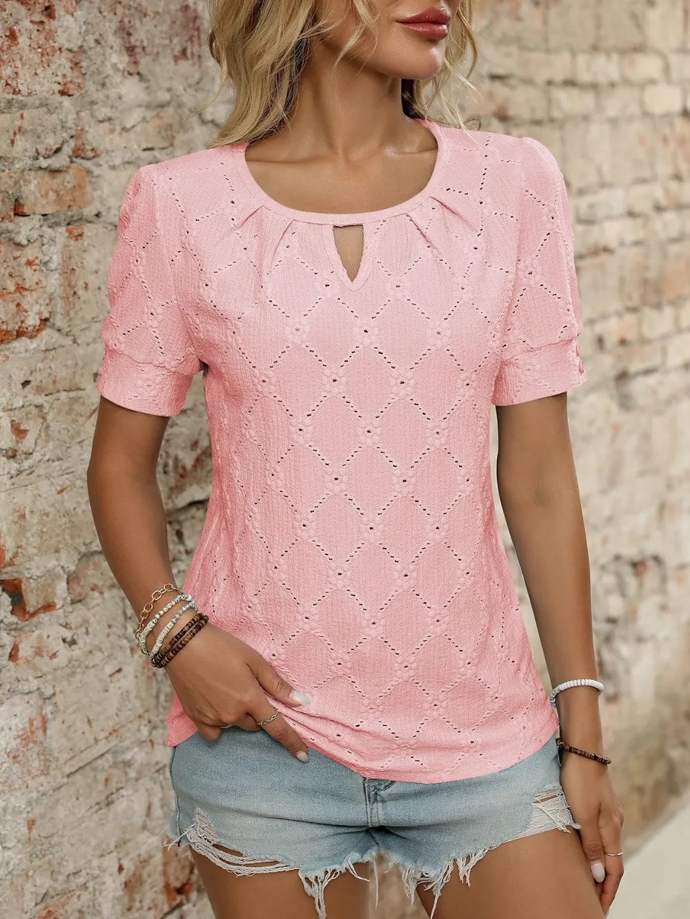 Eyelet Round Neck Short Sleeve Top, image 21