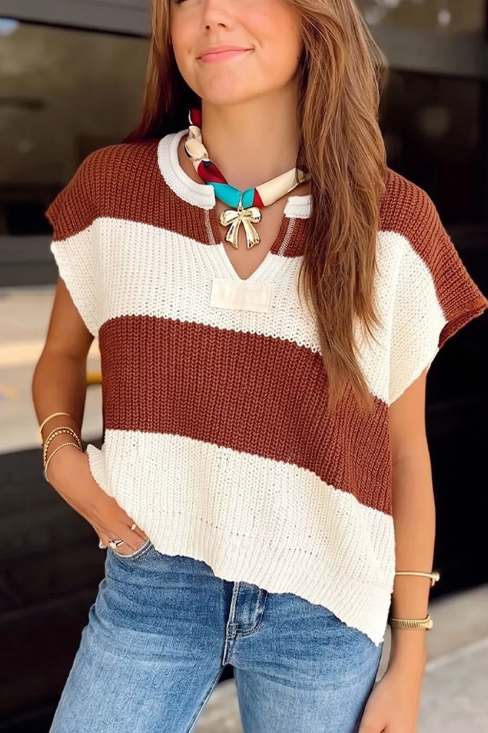 Striped Colorblock Knit Short Sleeve Loose Sweater, image 3