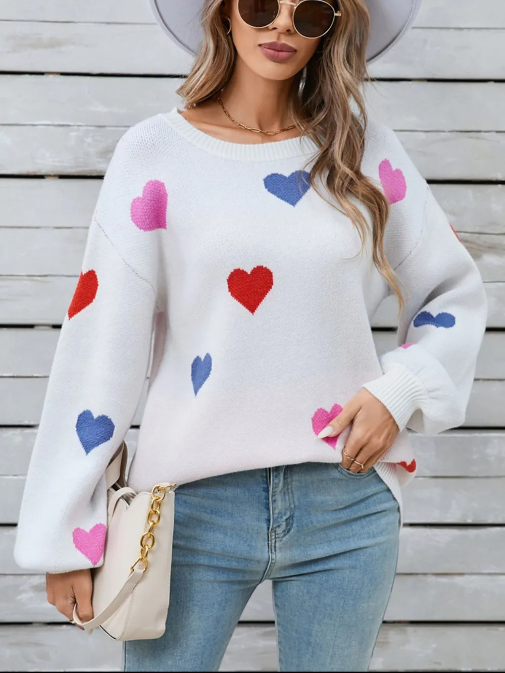 Heart Round Neck Long Sleeve Sweater, image 9