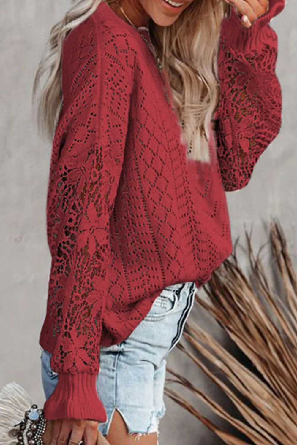 Openwork Round Neck Long Sleeve Sweater, image 22