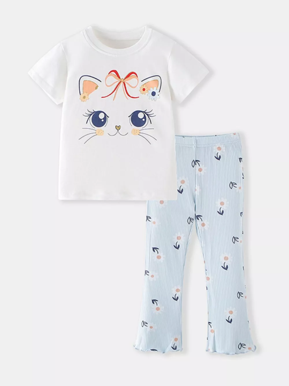 Children's Cat Graphic Tee & Floral Pants Set