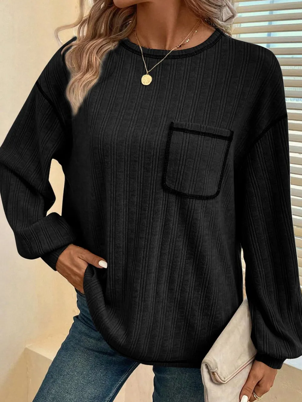 Contrast Stitching Round Neck Long Sleeve T-Shirt, image 8