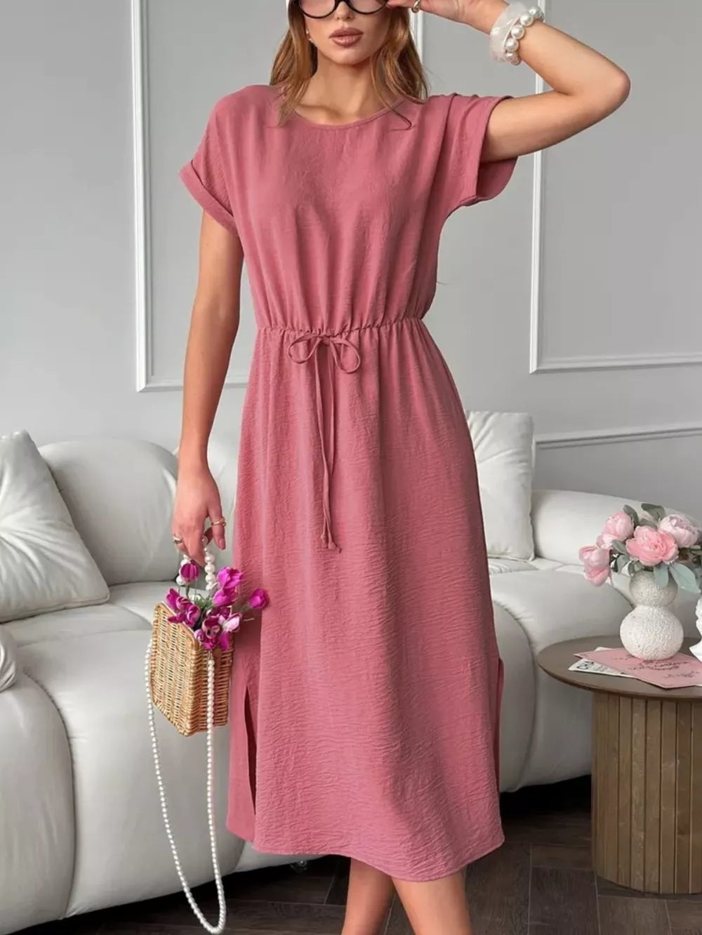 Casual Drawstring Waist Midi Dress, image 6