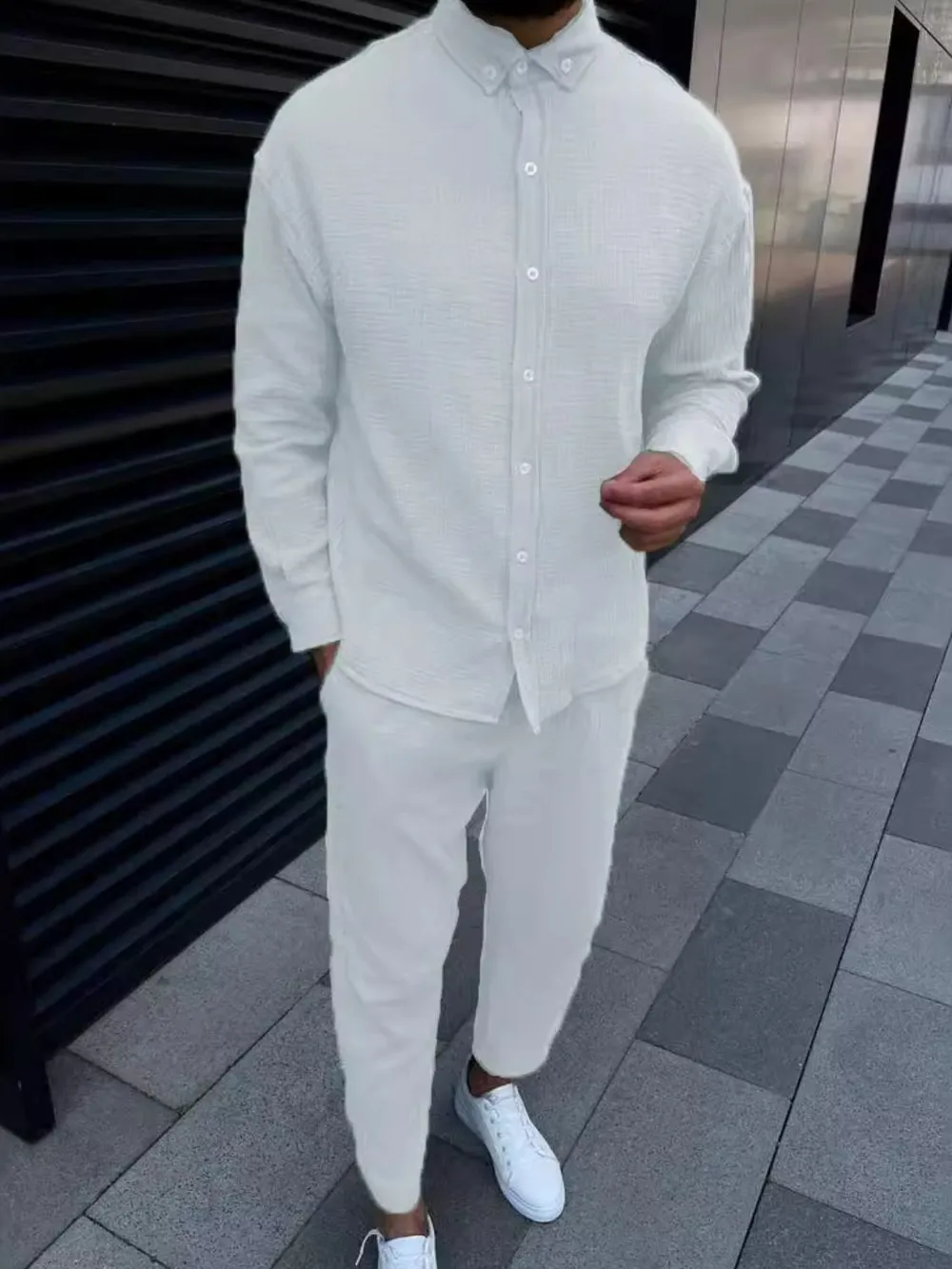Men's Button Down Long Sleeve Shirt and Pants Set, image 2