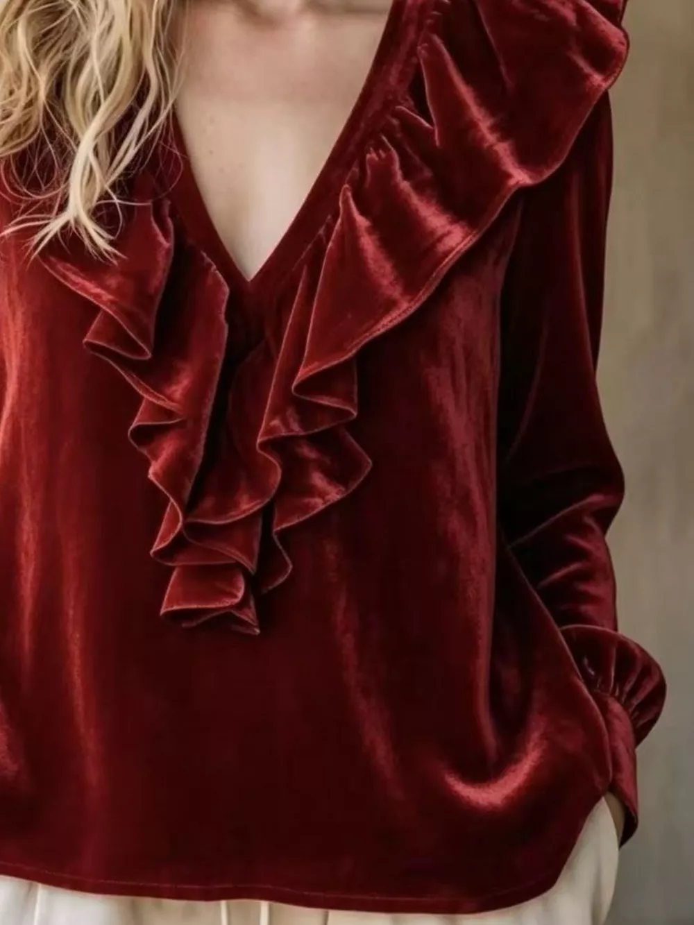 Full Size Velvet Ruffle V-Neck Blouse Plus Size, image 16