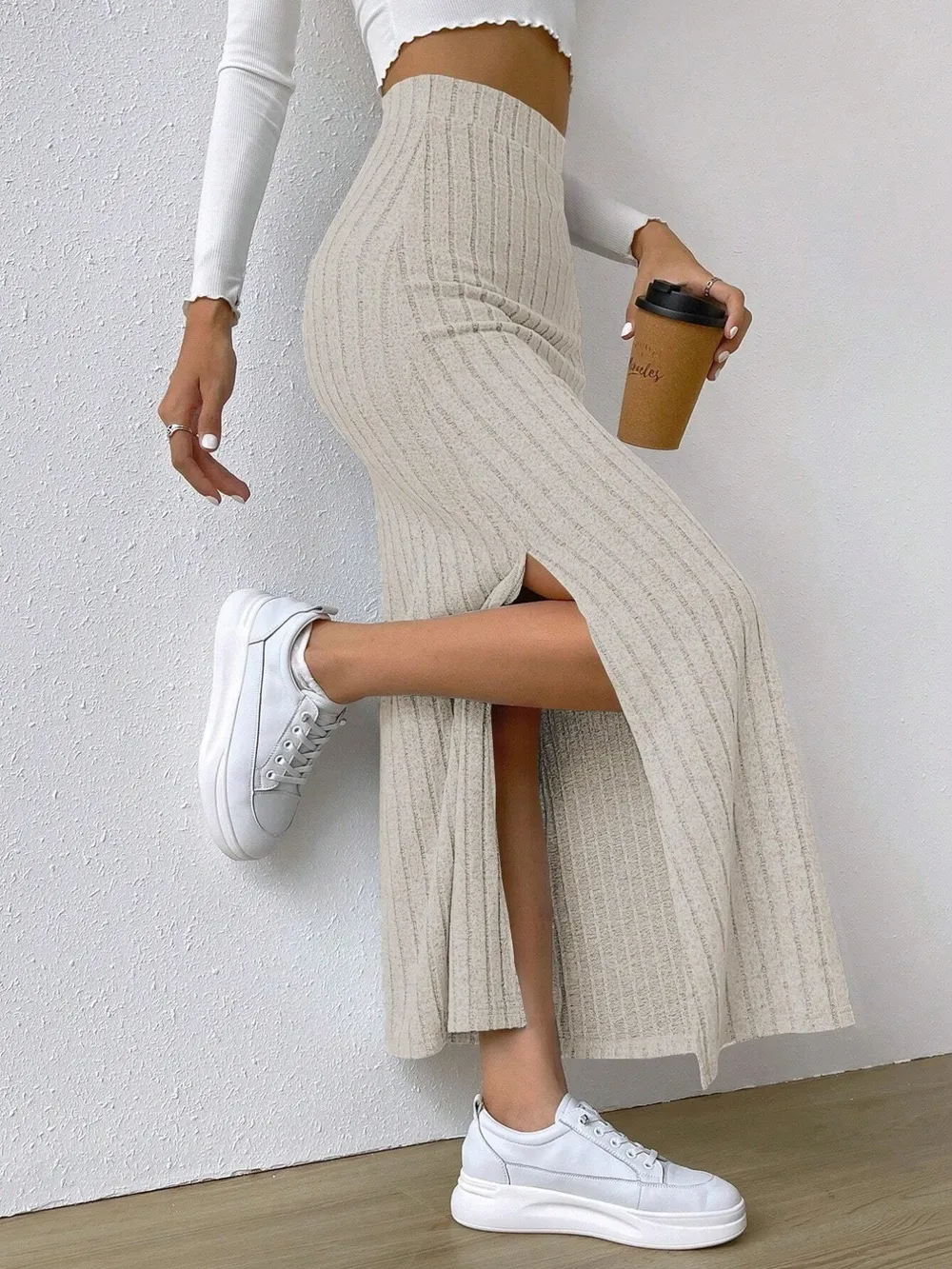 High Waist Ribbed Knit Maxi Skirt
