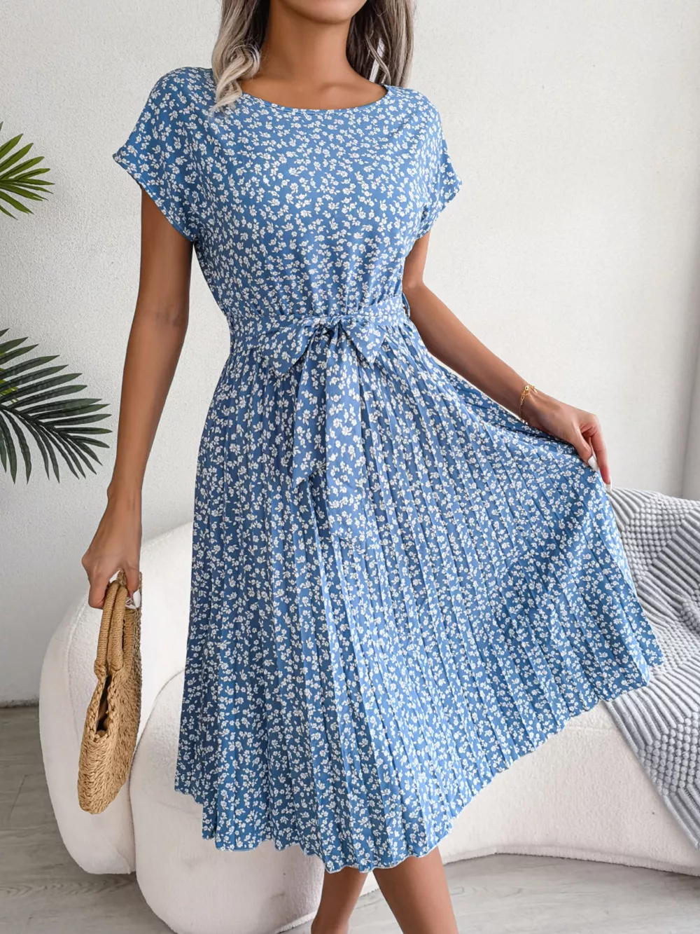 Floral Print Pleated Midi Dress with Belt, image 10