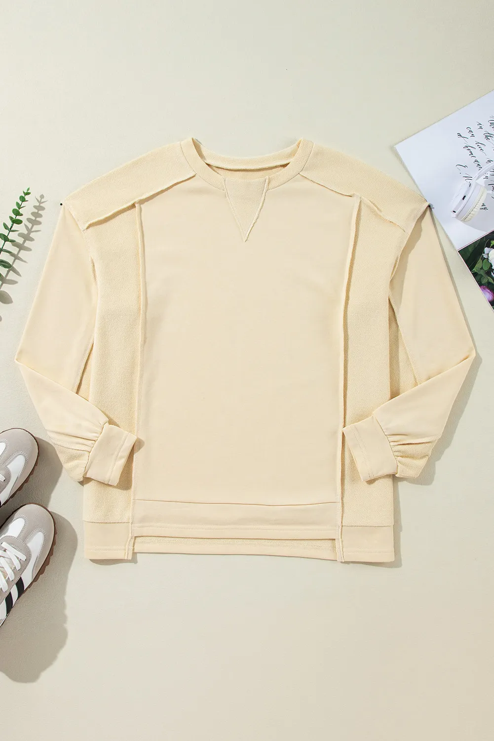 Exposed Seam Round Neck Long Sleeve Sweatshirt, image 4