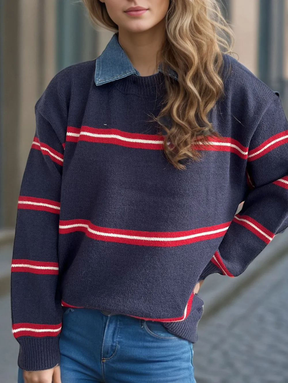Contrast Stripes Round Neck Long Sleeve Sweater, image 2