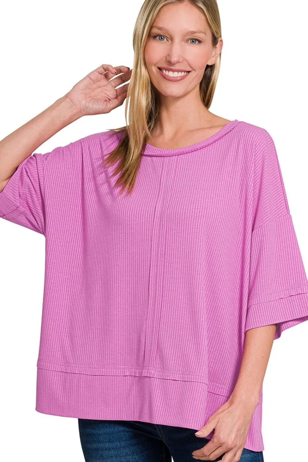 Ribbed Boat Neck 3/4 Sleeve Top, image 4