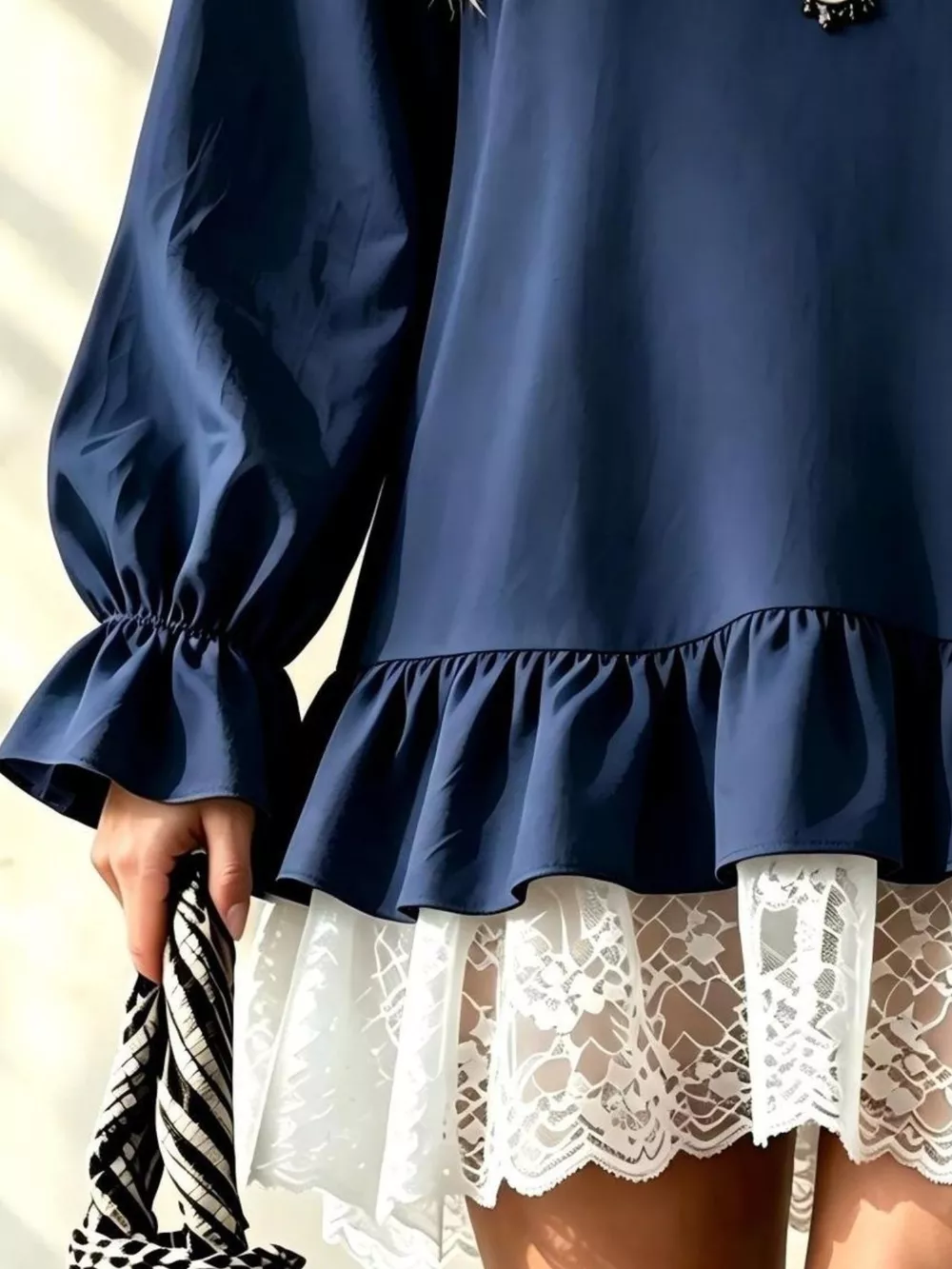 V-Neck Long Sleeve Ruffle Hem Lace Trim Mini Dress, image 5