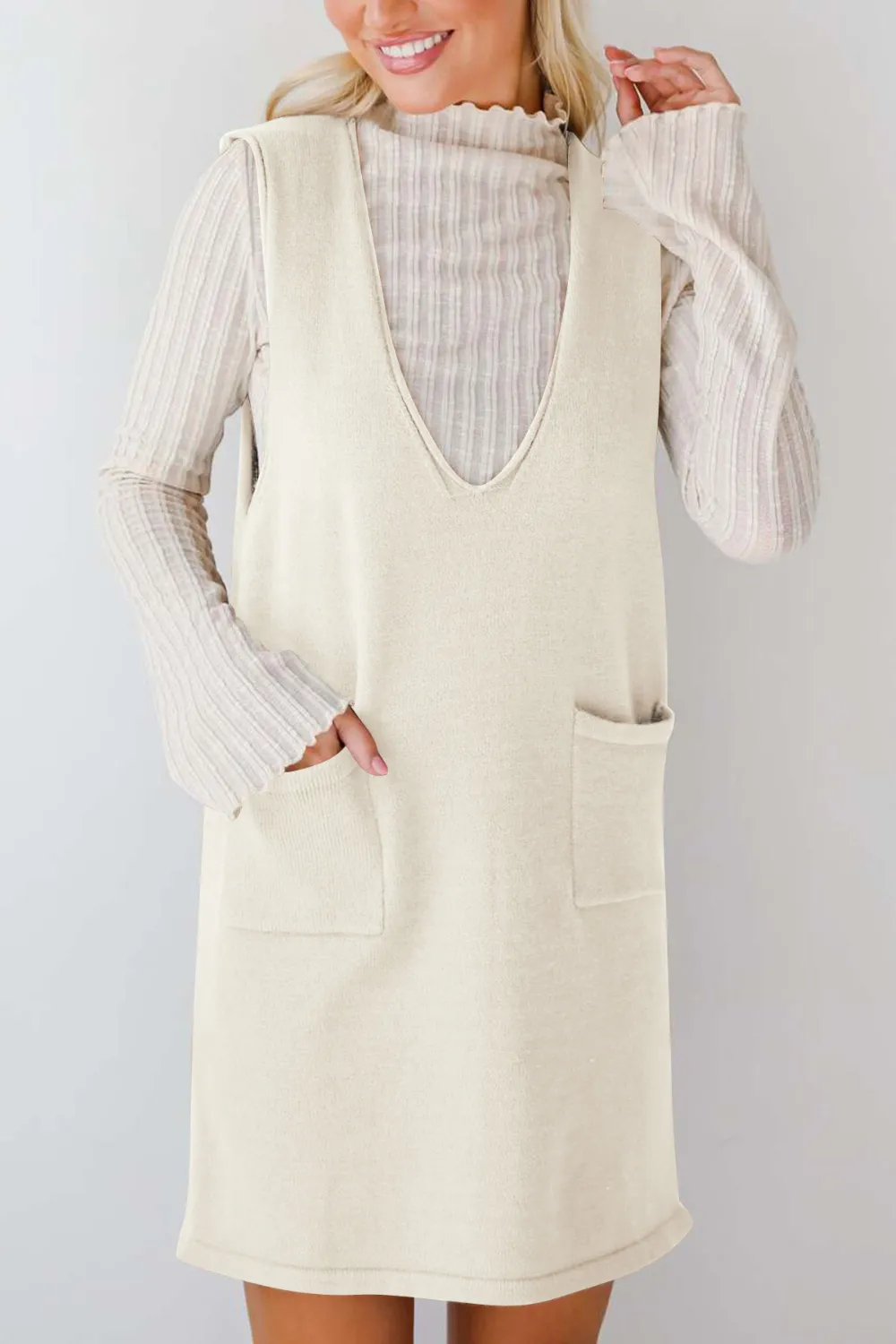 Pocketed V-Neck Mini Sweater Overall Dress, image 13