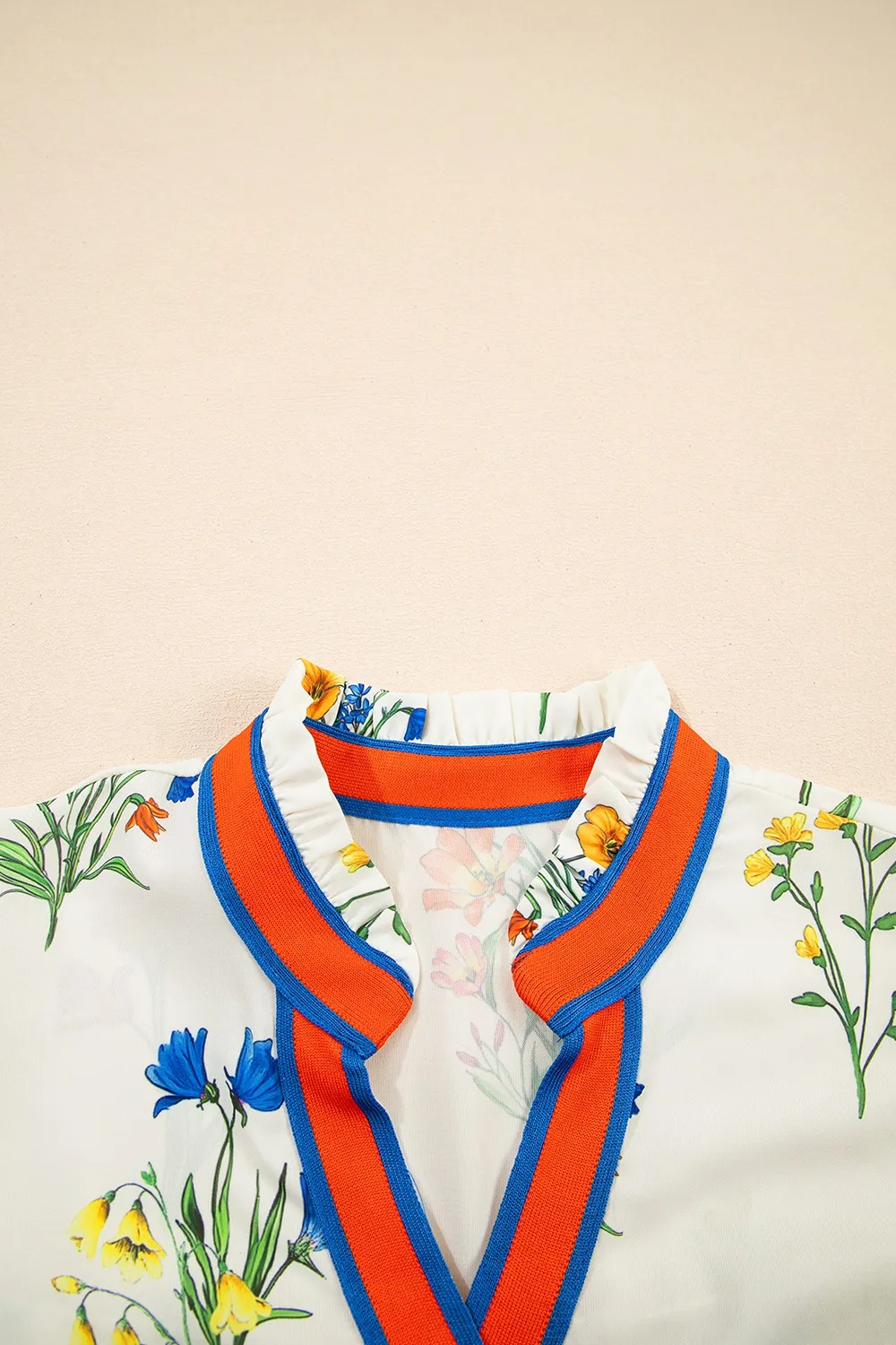 Floral Short Puff Sleeve Notched Blouse, image 8