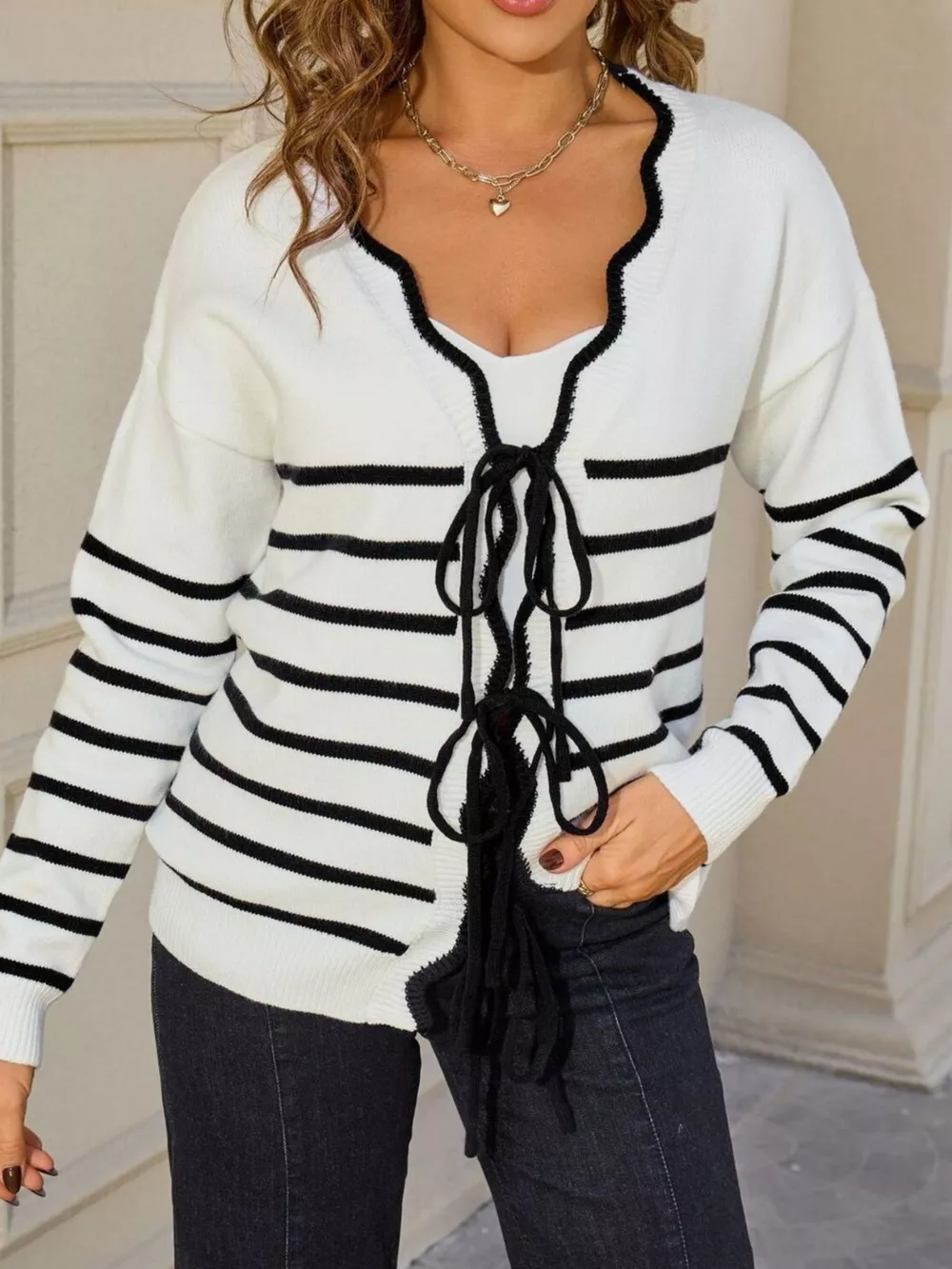 Striped Tie Front Knit Cardigan, image 2
