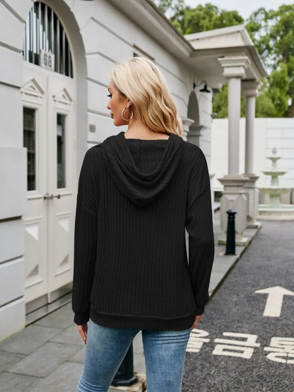 Ribbed Drawstring Long Sleeve Hoodie, image 17