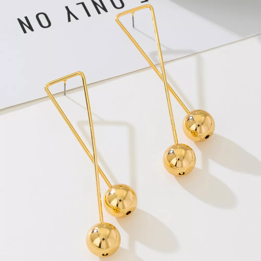 Modern Geometric Triangle Gold Ball Drop Earrings, image 4