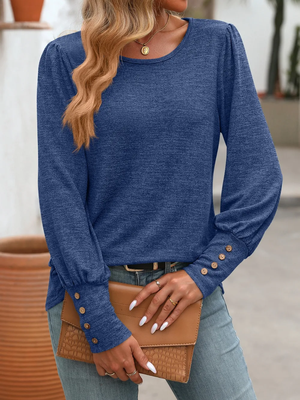 Decorative Button Round Neck Long Sleeve T-Shirt, image 5