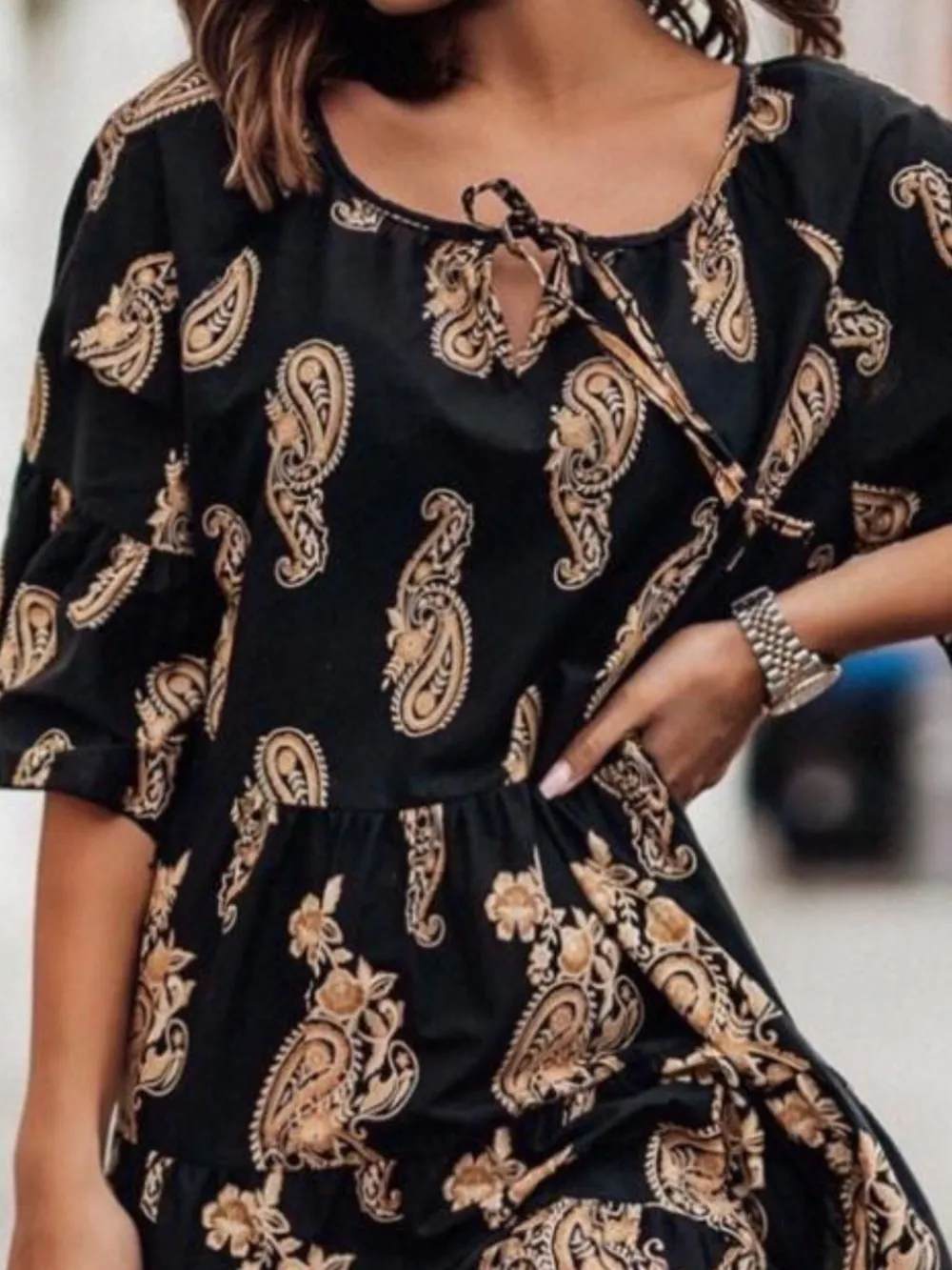 Paisley Print Tie Neck Half Sleeve Mini Dress, image 9
