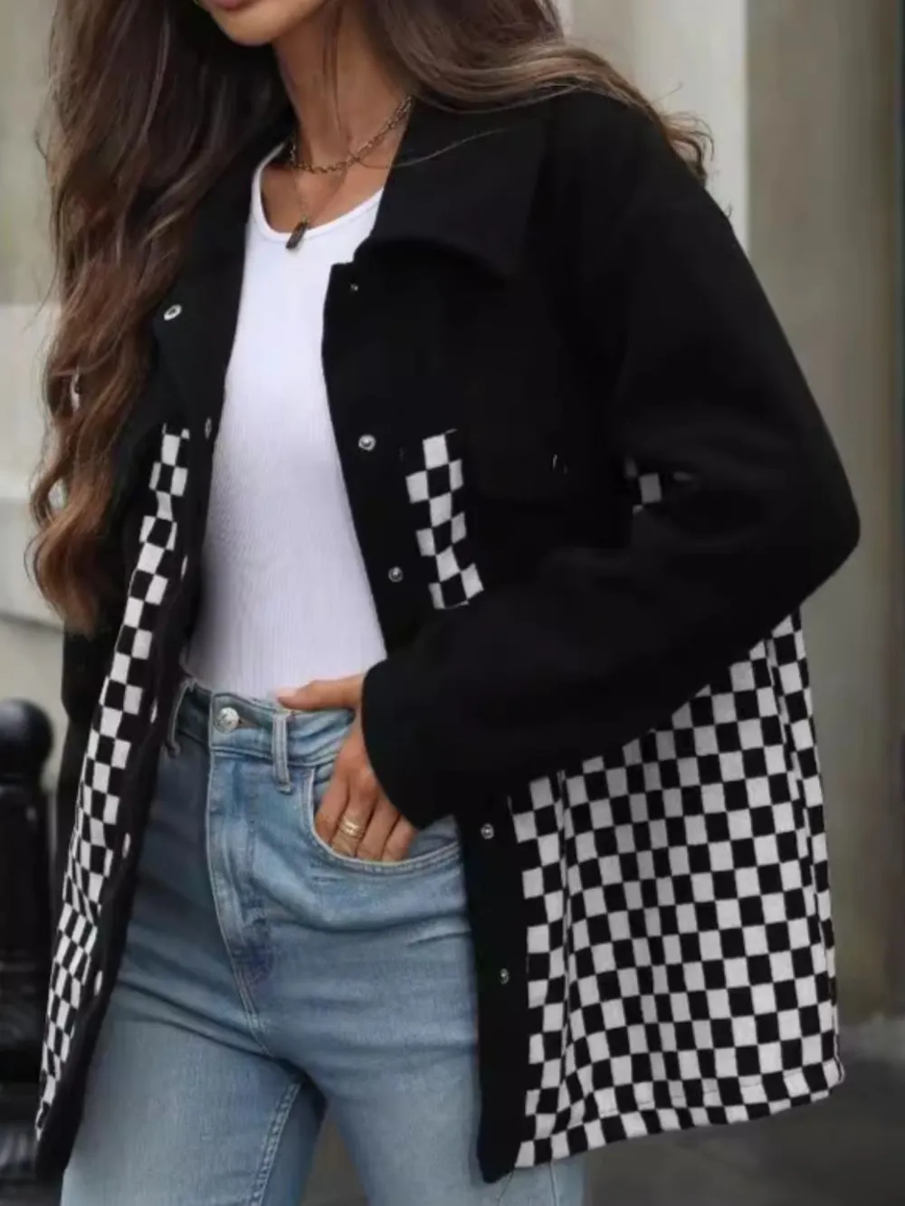 Checkered Snap Down Long Sleeve Jacket, image 2