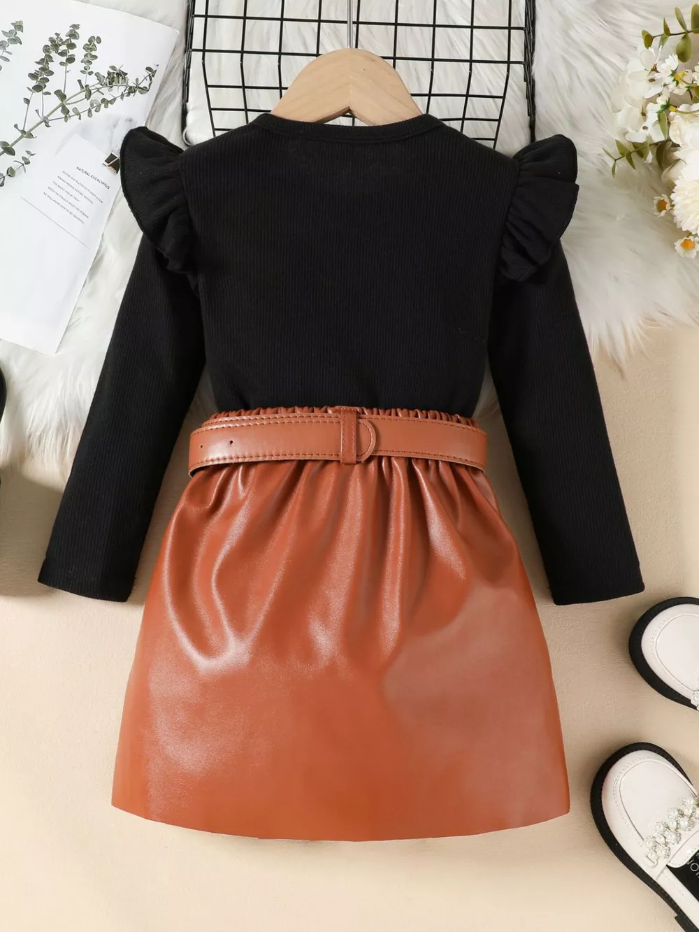 Children's Ruffle Trim Top & Faux Leather Pleated Skirt Set, image 11