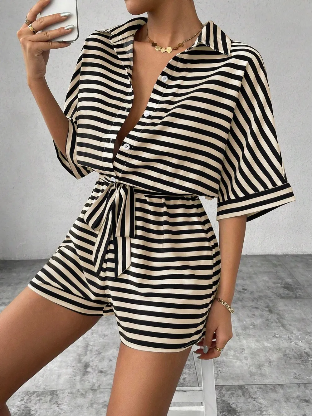 Tie Waist Half Button Striped Romper, image 20
