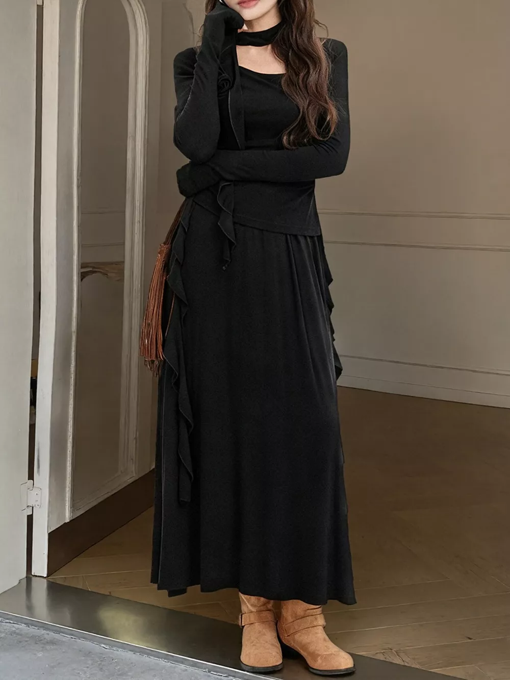 Ruffled Long Sleeve Knit Top and Maxi Skirt Set, image 8