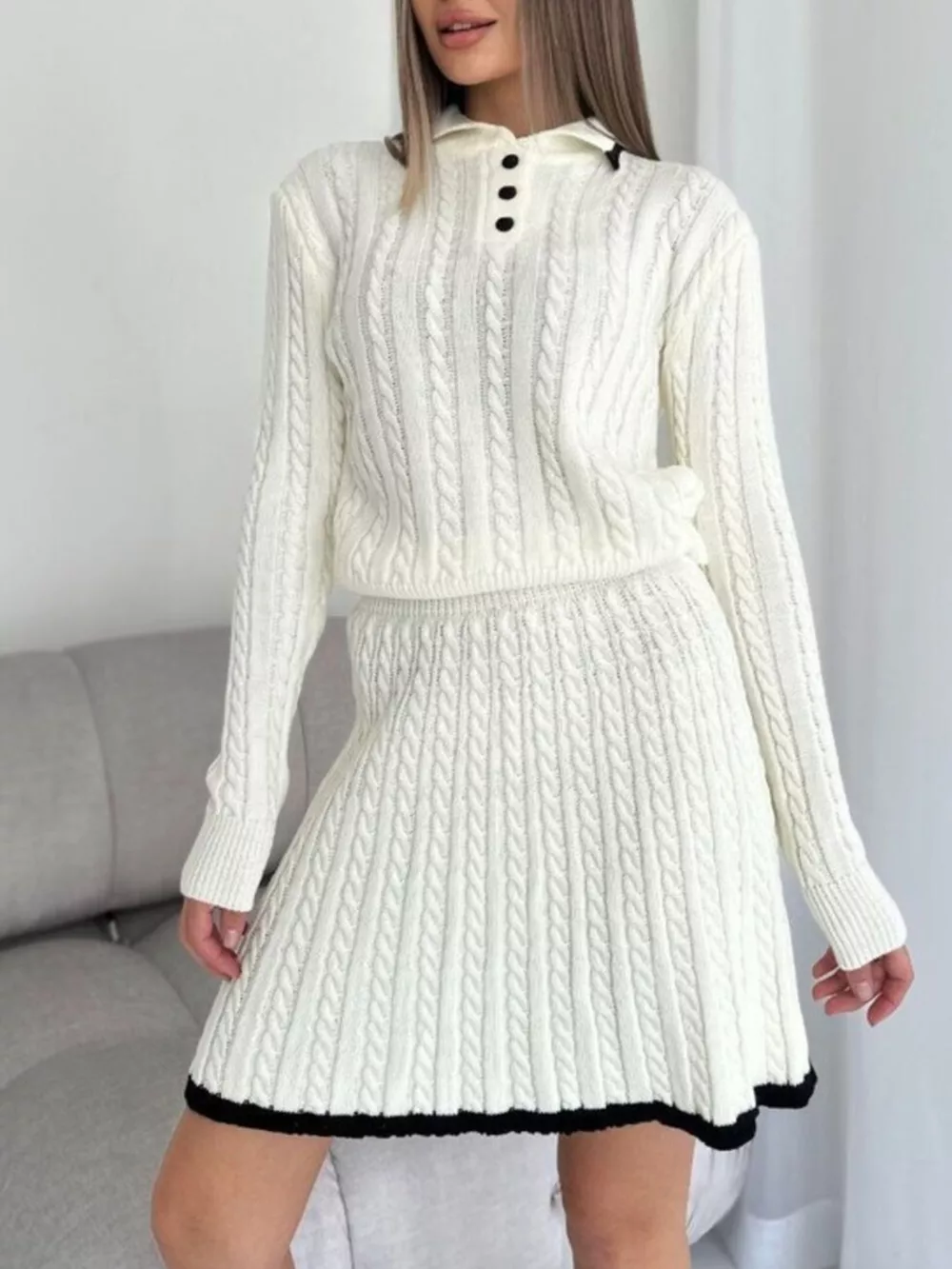 Cable Knit Long Sleeve Top and Skirt Sweater Set, image 4