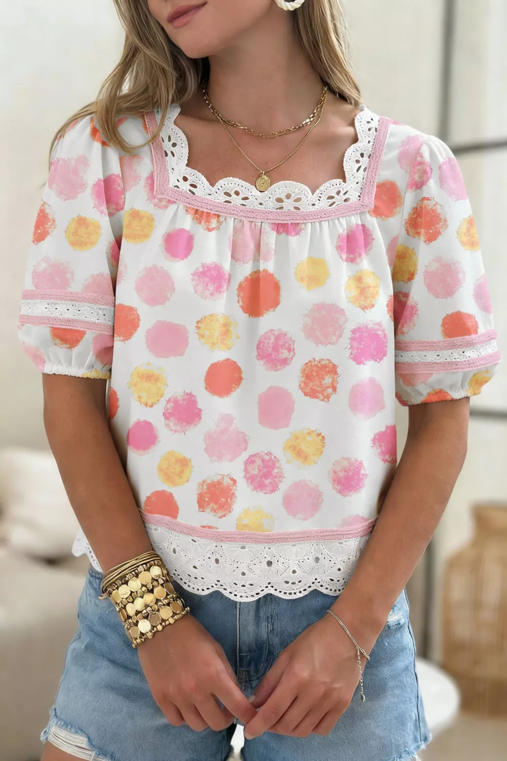 Polka Dot Lace Trim Square Neck Puff Sleeve Blouse, image 3