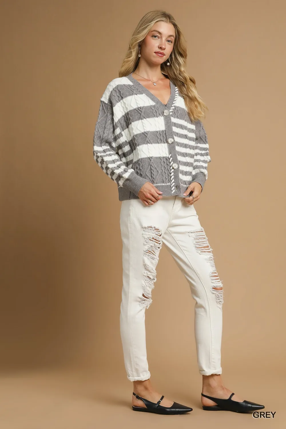 Cable-Knit Stripe Button-Up Cardigan, image 4