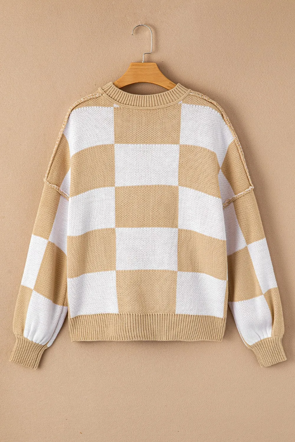 Checkered Exposed Seam Drooped Shoulder Sweater, image 16
