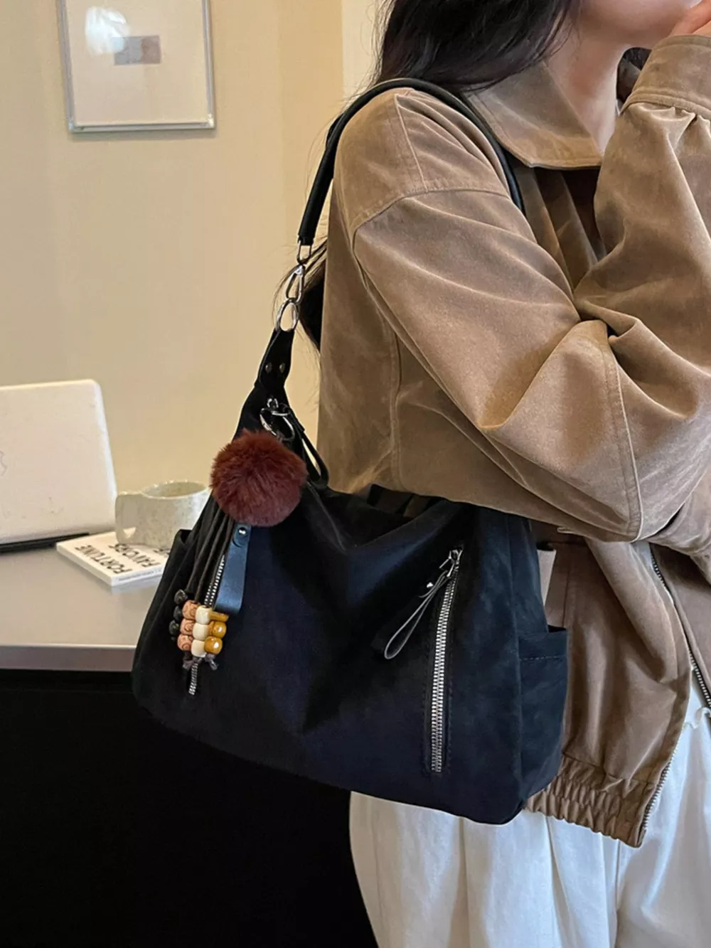 Decorative Pom-Pom and Bead Charm Shoulder Bag, image 4