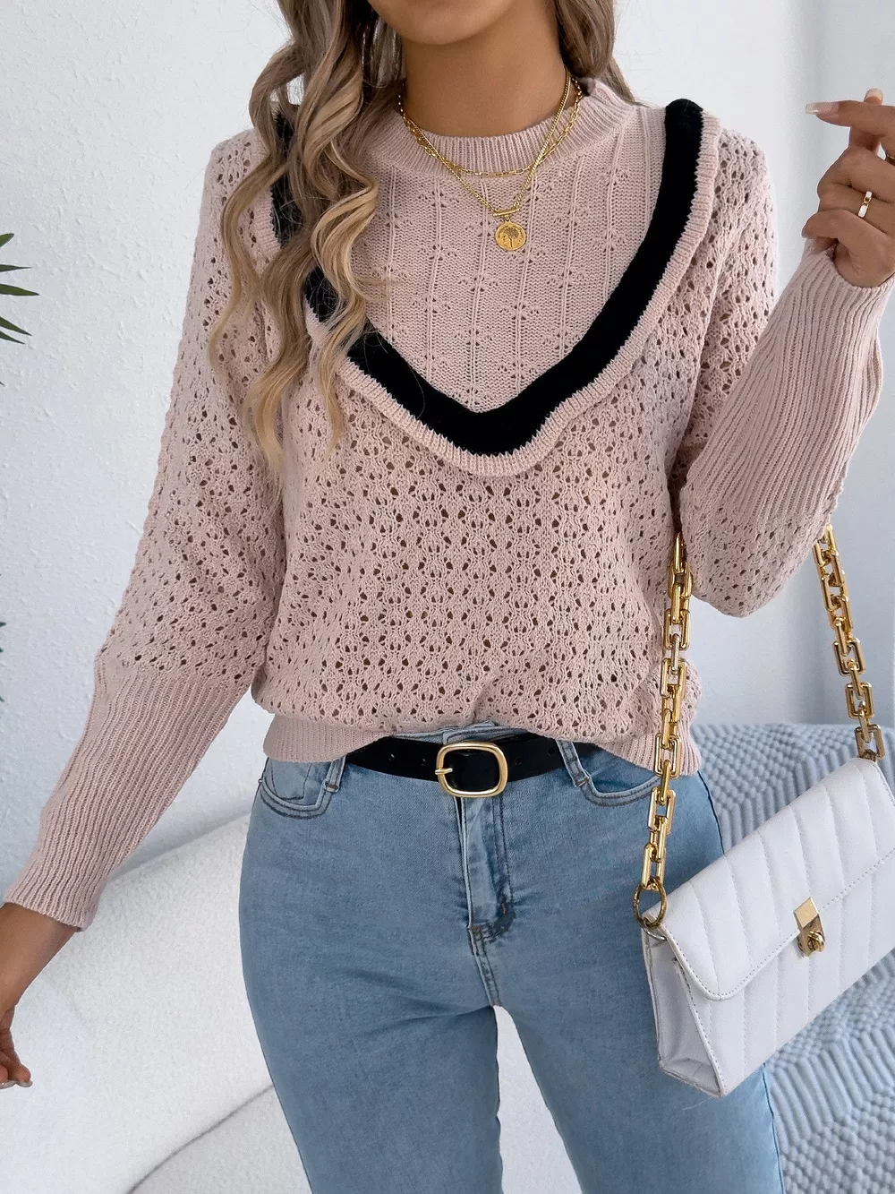 Hollow-Out Knit Top with Contrast Trim, image 14