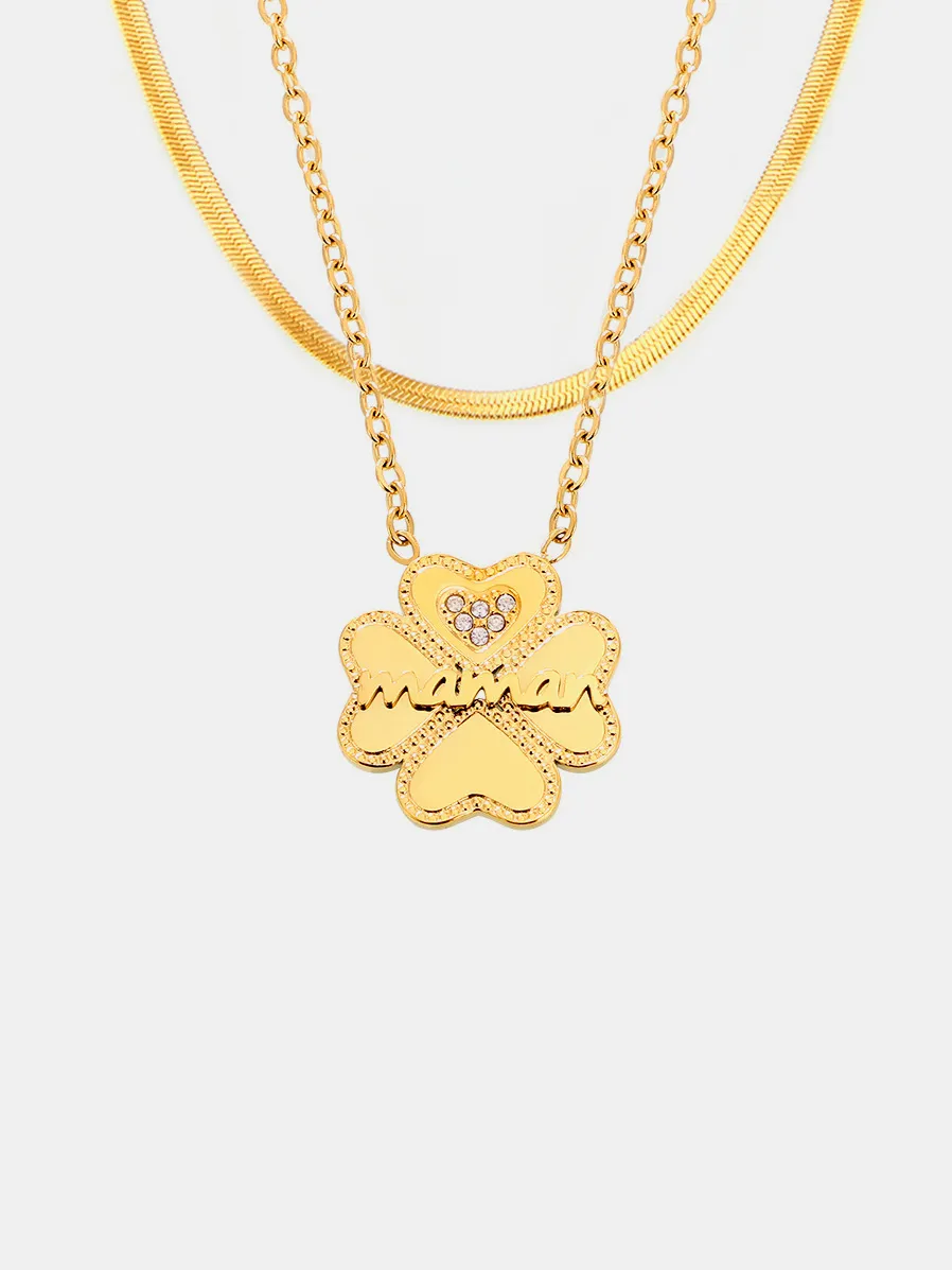 2 Piece 18K Gold-Plated Inlaid Zircon Lucky Clover Necklace, image 3